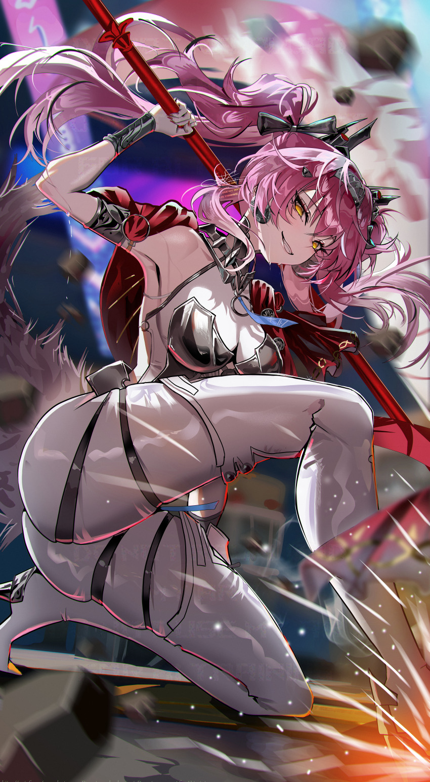 1girl absurdres armor bare_shoulders black_bow bodysuit boots bow breastplate breasts collar commentary earrings english_commentary fingernails grin hair_bow hairband headgear high_heel_boots high_heels highres holding holding_polearm holding_weapon jewelry large_breasts long_hair looking_at_viewer lupa_(wuthering_waves) metal_collar metal_hairband multiple_hair_bows nail_polish on_one_knee pink_hair polearm red_nails red_sash sash smile soare_lucien solo tail thigh_boots weapon white_bodysuit white_boots wolf_tail wrist_guards wuthering_waves yellow_eyes