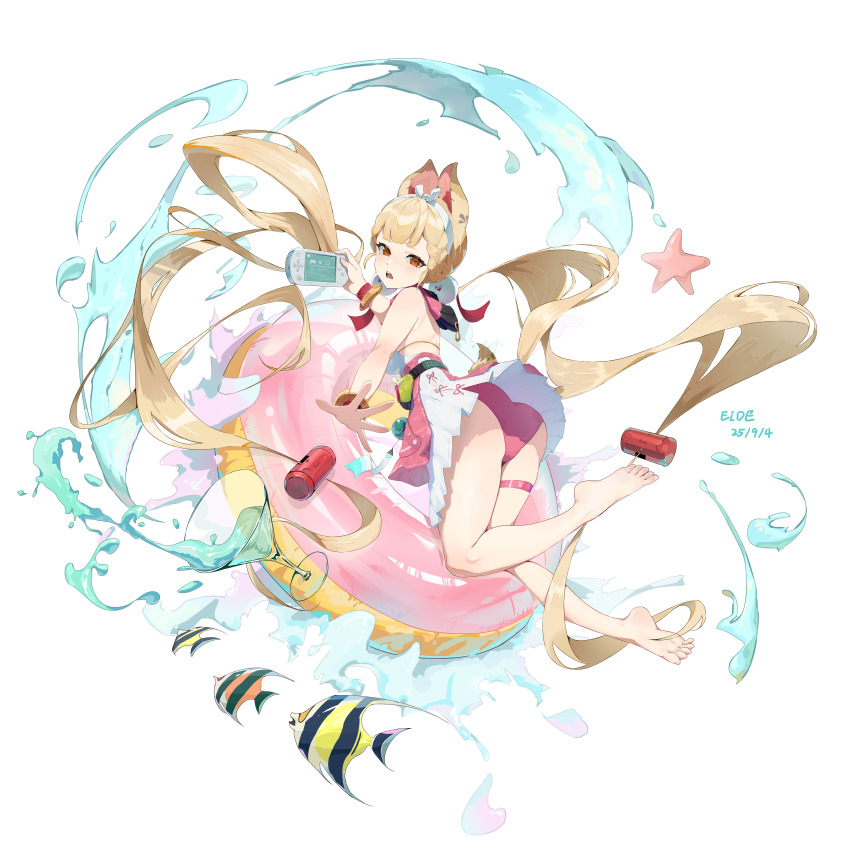 1girl absurdres alice_thymefield alice_thymefield_(sea_of_thyme) animal_ears ass back bare_shoulders barefoot belt blonde_hair blush bracelet cocktail_glass cup dress_swimsuit drinking_glass efmeng fish from_side hair_ornament hairband highres jewelry long_hair looking_at_viewer official_alternate_costume one-piece_swimsuit open_mouth playing rabbit_ears rabbit_girl rabbit_tail solo sphere_hair_ornament starfish swim_ring swimsuit tail teeth thigh_strap twintails upper_teeth_only watch water white_background white_hairband white_one-piece_swimsuit wristwatch yellow_eyes zenless_zone_zero