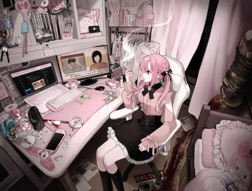 1girl absurdly_detailed_composition absurdres ame-chan_(needy_girl_overdose) backpack bag bed bedroom black_skirt blood blouse bottle cameo can character_doll character_request chouzetsusaikawa_tenshi-chan cinnamoroll commentary computer computer_keyboard computer_mouse copyright_request corpse desk dior doll figure fuwa_fuwa_cinnamoroll handbag handheld_game_console hatsune_miku highres indoors jirai_kei kaname_madoka kaname_madoka_(magical_girl) knife laptop loaded_interior long_hair long_sleeves mahou_shoujo_madoka_magica manga_(object) miffy miffy_(character) money monitor monster_energy multiple_monitors my_melody needy_girl_overdose nendoroid news onegai_my_melody original oshi_no_ko perfume_bottle pill pink_hair pink_shirt playstation_portable qr_code ran_(v17071107) receipt sanrio scenery shirt sitting skirt smoking solo stuffed_toy twintails twitter vivienne_westwood vocaloid yandere