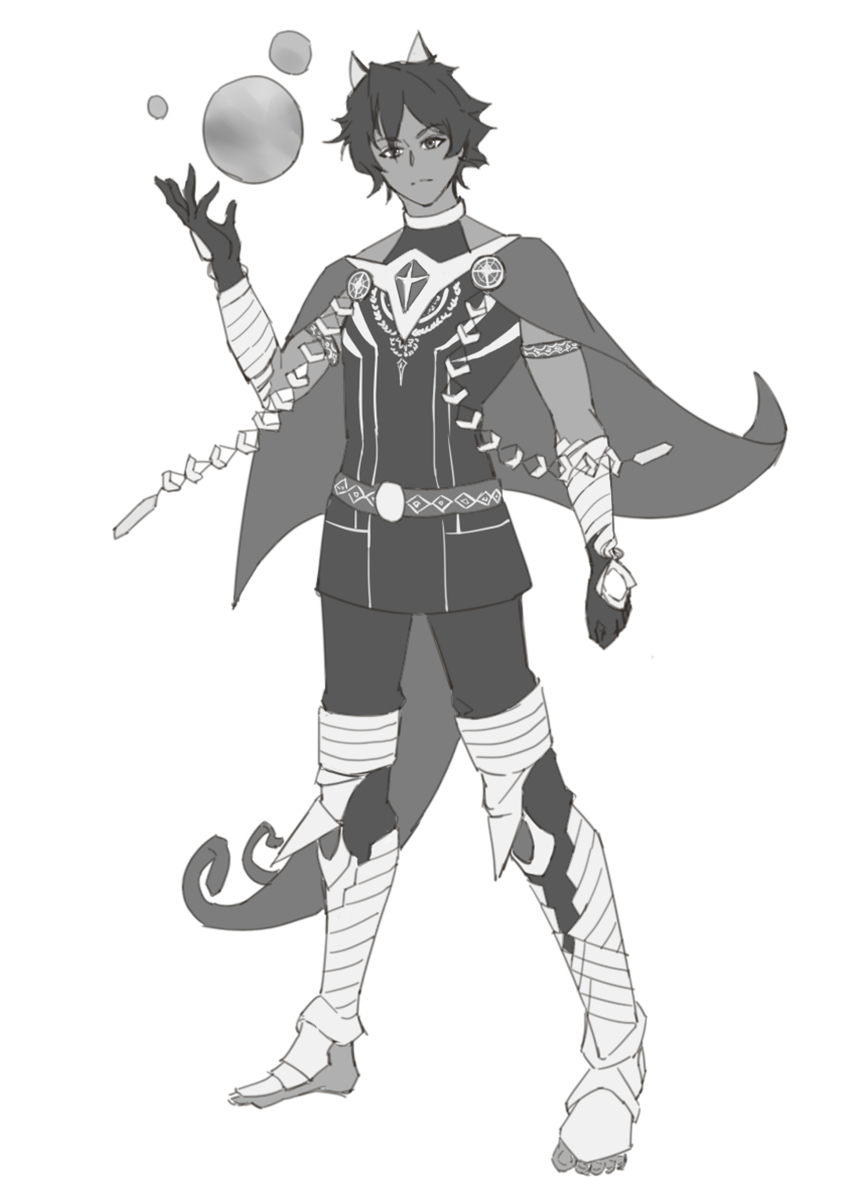 1boy absurdres animal_ears arjuna_(fate) arjuna_alter_(fate) armlet armor bandages_over_clothes barefoot black_gloves black_pants black_shirt cat_ears clenched_hand cloak fate/grand_order fate_(series) gem gloves highres jewelry just_we magic original pants pinching_gesture serious shirt solo solo_focus studs