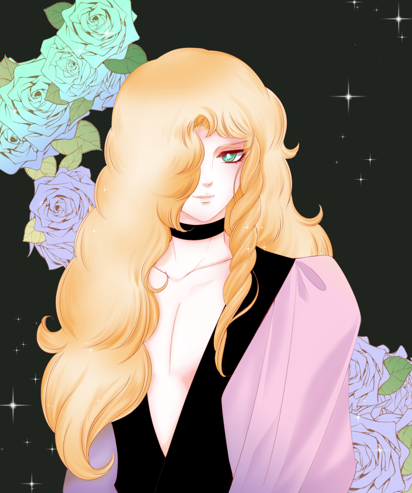 1boy absurdres androgynous aqua_eyes blonde_hair choker collarbone drill_hair flower hair_over_one_eye highres long_hair looking_at_viewer male_focus maraich_juschenfe papurikanpapu patalliro! rose simple_background smile solo upper_body v-neck wavy_hair