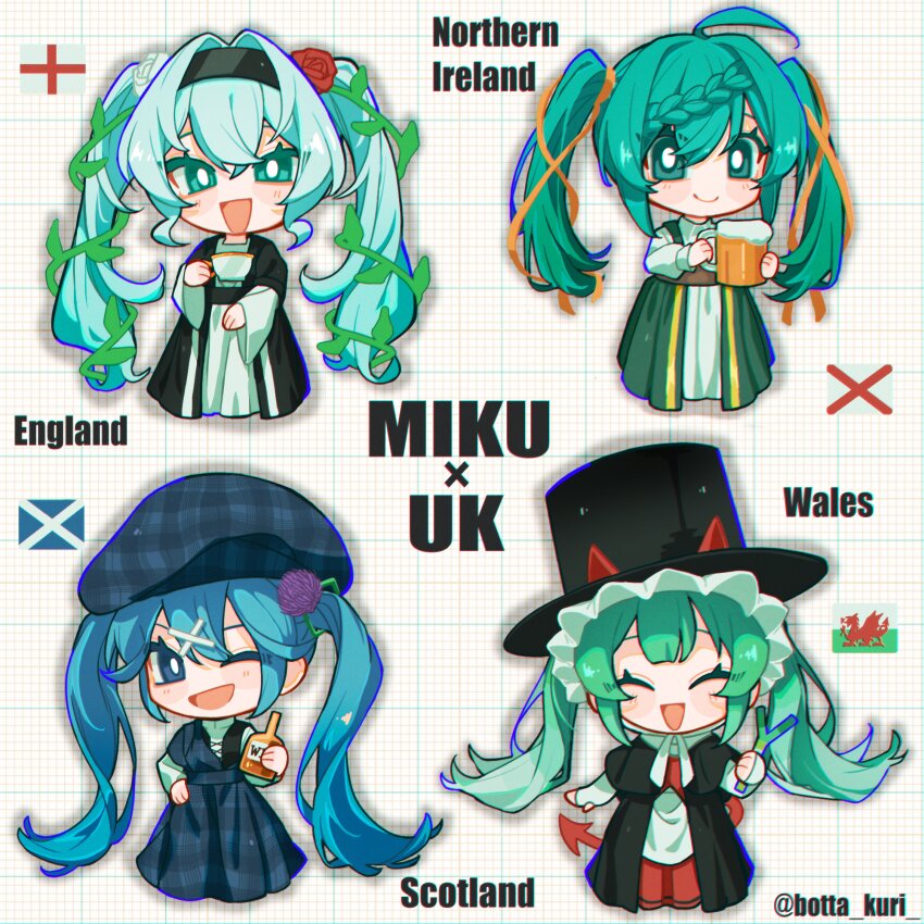 4girls absurdres aqua_eyes aqua_hair beer_mug beret blue_eyes blue_hair botta_kuri braid closed_eyes cup demon_horns demon_tail dress england english_flag flower hair_flower hair_ornament hair_vines hat hatsune_miku highres holding holding_cup horns long_hair mug multiple_girls northern_ireland northern_irish_flag open_mouth plaid_clothes plaid_dress plaid_hat red_flower red_rose rose scotland scottish_flag simple_background smile tail twintails united_kingdom very_long_hair vocaloid wales welsh_flag white_background white_flower white_rose worldwide_miku