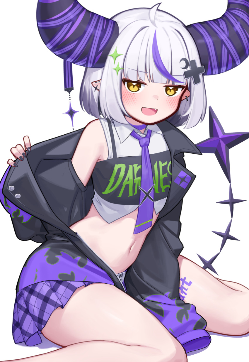 1girl black_horns black_jacket blunt_bangs blush commentary_request fang hair_ornament highres hololive horns jacket la+_darknesss la+_darknesss_(casual) looking_at_viewer midriff multicolored_hair navel necktie open_mouth pointy_ears purple_hair purple_necktie purple_skirt short_hair simple_background sitting skirt solo streaked_hair striped_horns tail verdey virtual_youtuber white_background yellow_eyes