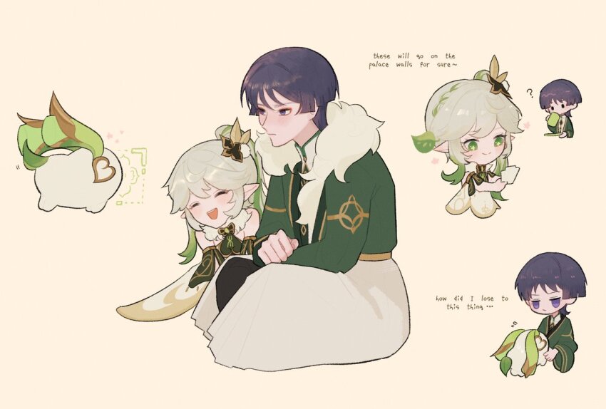 1boy 1girl ? adapted_costume akademiya_uniform alternate_costume armlet bare_shoulders blush closed_eyes closed_mouth creature cross-shaped_pupils cup detached_sleeves dress drinking english_text eyelashes feather_hair_ornament feathers fringe_trim fur-trimmed_collar fur-trimmed_jacket fur_collar fur_trim genshin_impact gold_trim gradient_hair green_eyes green_hair green_jacket green_sleeves hair_ornament half_crown_braid holding holding_creature holding_cup holding_photo jacket jewelry jitome leaf leaf_hair_ornament long_sleeves looking_at_creature multicolored_hair nahida_(genshin_impact) neo_akasha_terminal open_mouth photo_(object) pom_pom_(clothes) purple_eyes purple_hair scaramouche_(genshin_impact) side_ponytail sidelocks sitting smile stephynne symbol-shaped_pupils teeth upper_teeth_only white_background white_dress white_hair