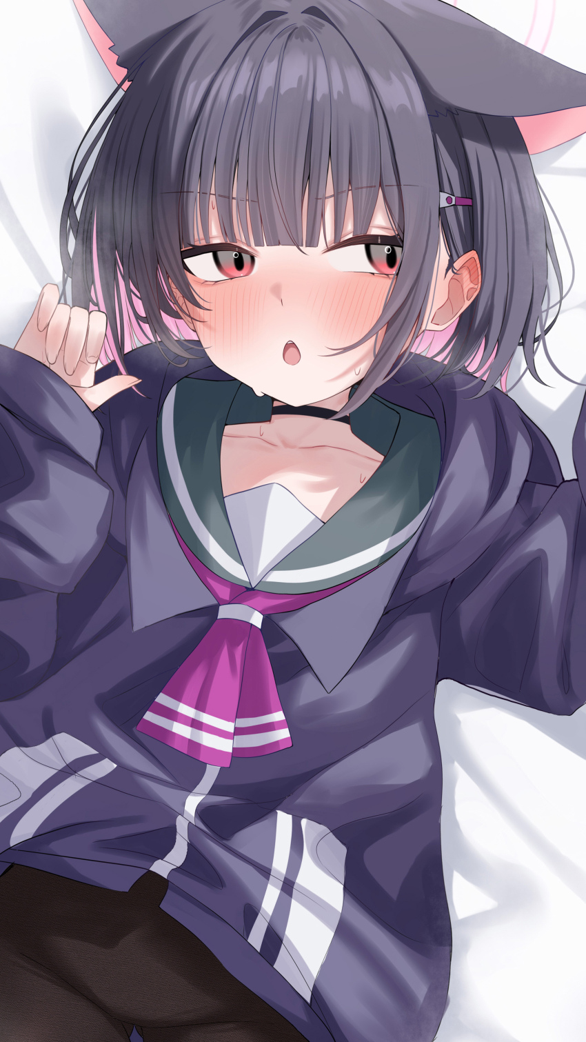 1girl absurdres animal_ears bike_shorts black_choker black_hair black_jacket blue_archive blush choker colored_inner_hair embarrassed extra_ears green_sailor_collar highres jacket kazusa_(blue_archive) long_sleeves looking_to_the_side multicolored_hair neckerchief pink_hair pink_neckerchief red_eyes sailor_collar shirt short_shorts shorts sleeves_past_wrists solo wendao white_shirt