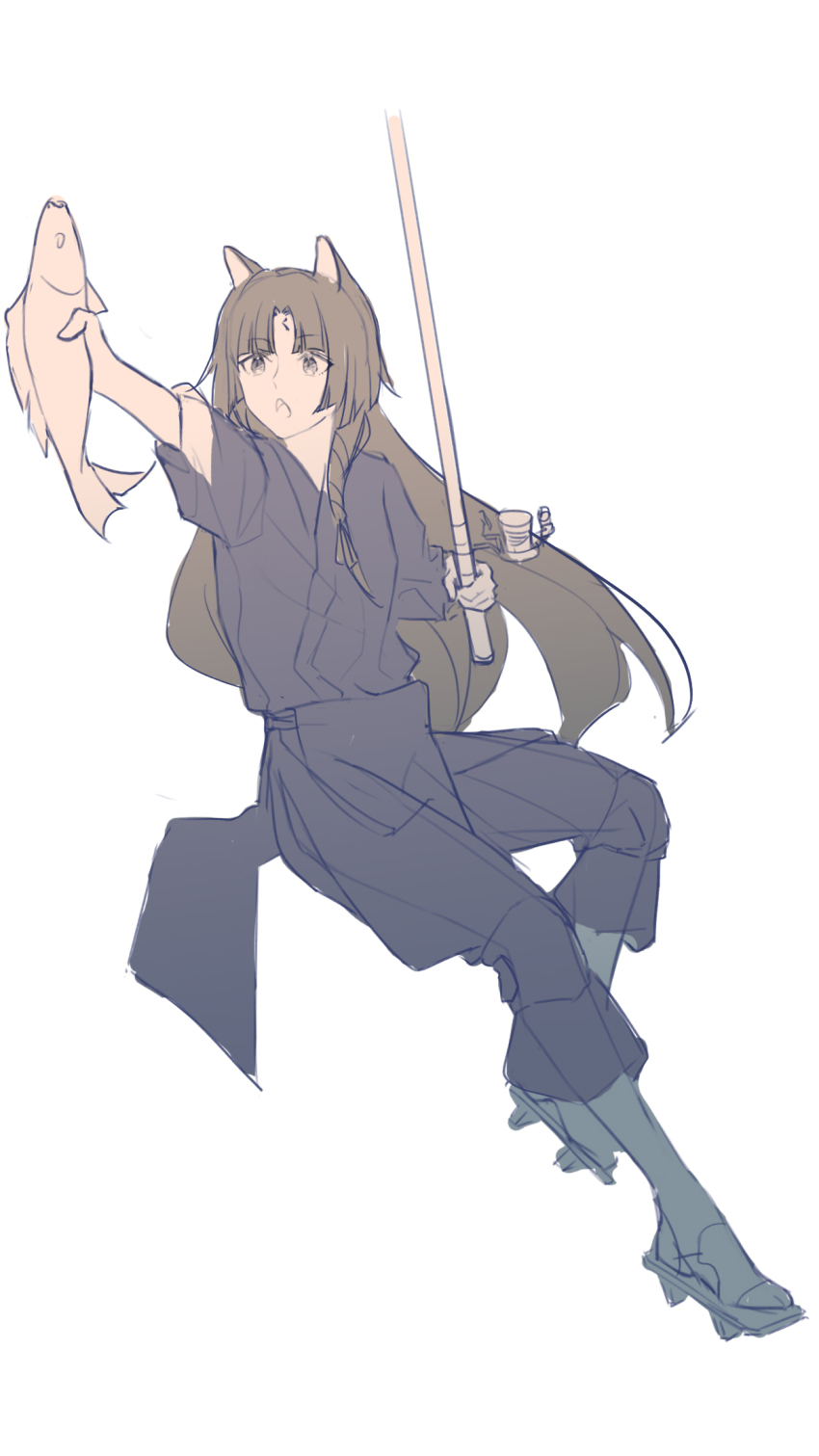 1girl :o animal animal_ears arknights arm_up black_eyes black_pants black_shirt brown_hair chinese_commentary colored_skin commentary_request facial_mark fish fishing_rod forehead_mark full_body geta grey_skin highres holding holding_animal long_hair open_mouth outstretched_arm pants parted_bangs saga_(arknights) shirt simple_background sketch solo thewintermarket white_background