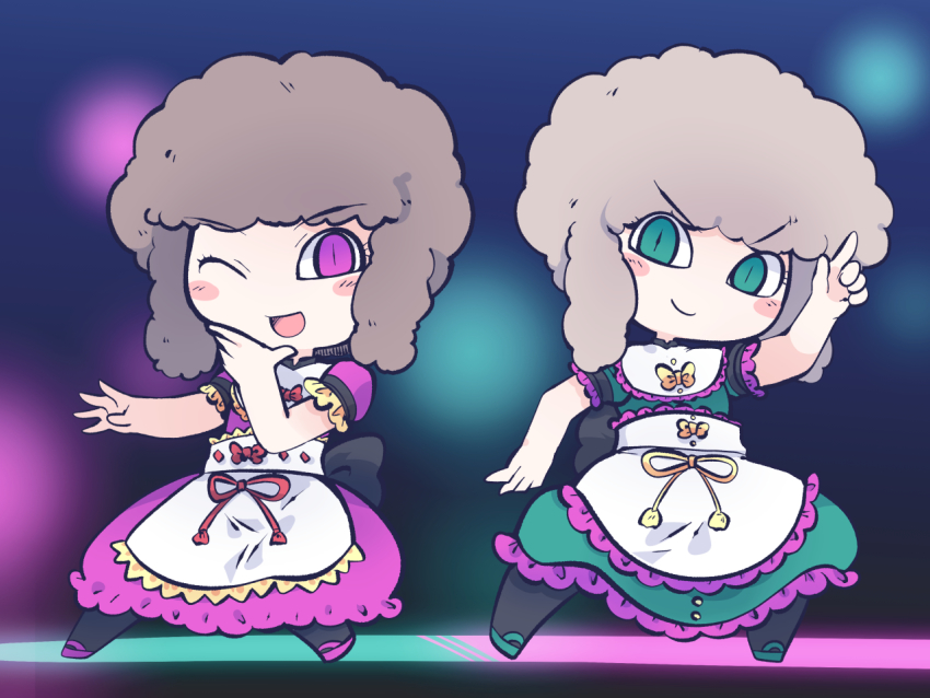 2girls ;d afro alternate_hairstyle apron big_hair black_pantyhose blurry blurry_background bow bowtie brown_hair chahan_(fried_rice0614) closed_mouth commission dance_floor dress full_body green_dress green_eyes green_footwear grey_hair index_finger_raised looking_at_viewer multiple_girls nishida_satono one_eye_closed open_mouth pantyhose pink_dress pink_eyes pink_shoes shoes short_sleeves sidelocks skeb_commission smile standing teireida_mai touhou white_apron yellow_bow yellow_bowtie
