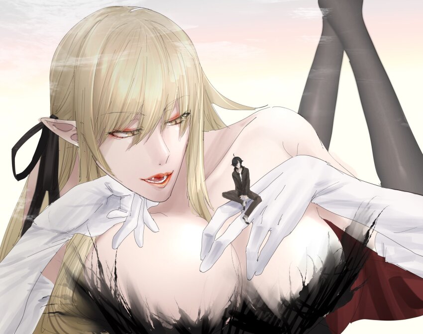 1boy 1girl ahoge araragi_koyomi bare_shoulders black_hair black_pantyhose black_ribbon blonde_hair breast_press breasts cleavage collarbone dress elbow_gloves eyeshadow fangs feather-trimmed_dress feather-trimmed_gloves feather_trim giant giantess gloves hair_over_one_eye hair_ribbon highres kiss-shot_acerola-orion_heart-under-blade kizumonogatari large_breasts long_hair maeyakara000 makeup monogatari_(series) open_mouth oshino_shinobu pantyhose pointy_ears red_dress red_eyeshadow ribbon short_hair simple_background smile strapless strapless_dress vampire very_long_hair white_gloves yellow_eyes