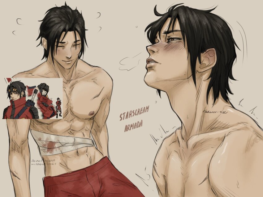 1boy abs black_hair blush collarbone humanization khuu-su male_focus nipples parted_lips pectorals scar short_hair solo starscream toned transformers transformers_armada transformers_unicron_trilogy upper_body