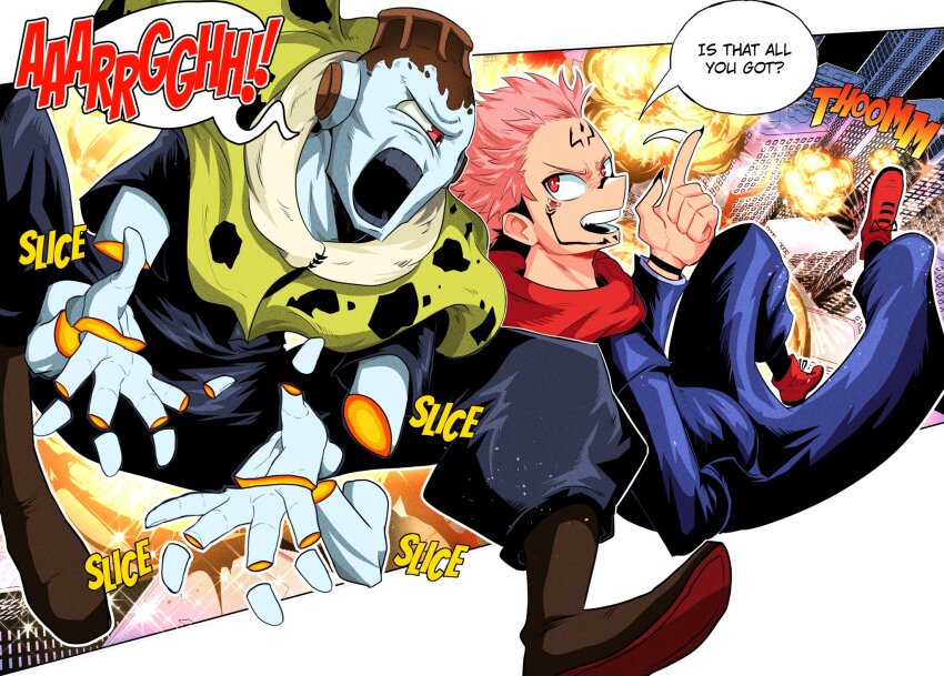 black_nails black_pants building capelet cityscape cloak cursed_spirit_(jujutsu_kaisen) cyclops dismemberment english_text explosion extra_eyes facial_mark fingernails hand_in_pocket highres jogo_(jujutsu_kaisen) jujutsu_kaisen jujutsu_tech_uniform looking_at_another monster no_nose one-eyed open_mouth pants pink_hair print_cloak red_eyes ryoumen_sukuna_(jujutsu_kaisen) severed_arm severed_finger severed_hand severed_limb sharp_fingernails shouting sonchapo sound_effects volcano