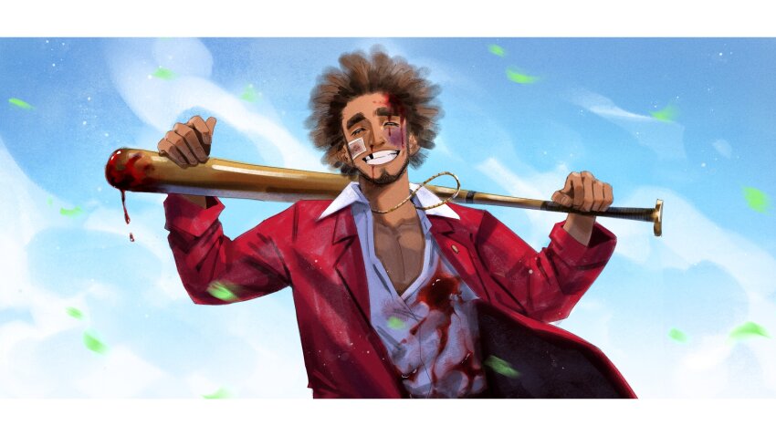 1boy absurdres bandage_on_face bandages baseball_bat beard bleeding blood blood_on_clothes blood_on_face bloody_weapon brown_hair bruise bruise_on_face chinstrap_beard facial_hair formal_clothes gold_necklace highres holding injury jacket jewelry kasuga_ichiban male_focus missing_tooth necklace open_mouth red_jacket red_suit ryuu_ga_gotoku_(series) ryuu_ga_gotoku_7 s0mapilled short_hair sky smile suit weapon