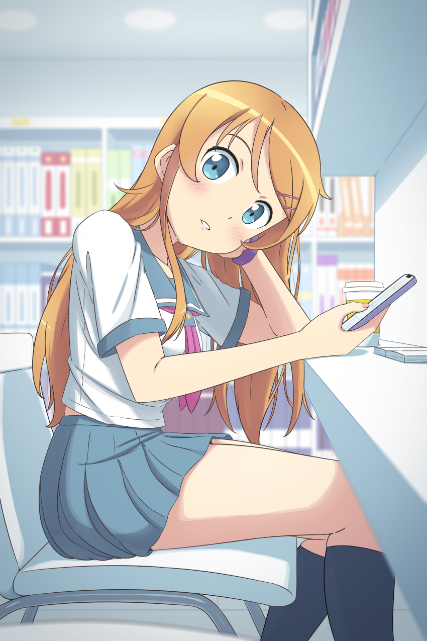 1girl absurdres back_peek black_socks blue_eyes bookshelf cellphone commentary elbow_rest english_commentary from_side grey_sailor_collar grey_skirt hair_ornament hairclip highres holding holding_phone indoors kneehighs kousaka_kirino kousaka_kirino&#039;s_school_uniform library light_blush long_hair looking_at_viewer neckerchief orange_hair ore_no_imouto_ga_konna_ni_kawaii_wake_ga_nai parted_lips phone pleated_skirt purple_neckerchief purple_scrunchie sailor_collar scarletsky school_uniform scrunchie serafuku shirt sitting skirt smartphone socks solo teeth thighs white_shirt wrist_scrunchie