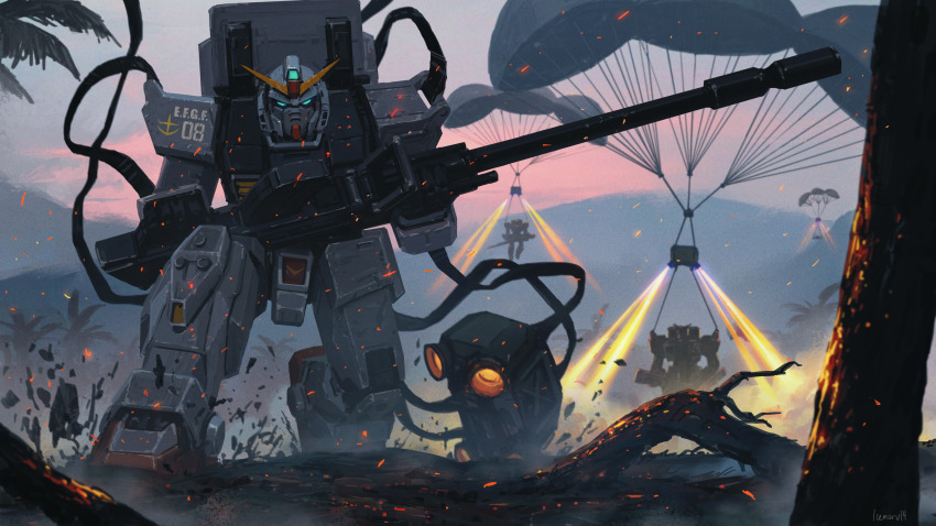 absurdres artist_name blue_eyes commentary earth_federation embers english_commentary exhaust ground_gundam gun gundam gundam_08th_ms_team highres holding holding_gun holding_weapon icemarv14 jungle looking_at_viewer mecha mecha_focus mobile_suit morning mountain nature no_humans on_one_knee outdoors palm_tree parachute plant_roots robot science_fiction solo_focus thrusters tree v-fin weapon