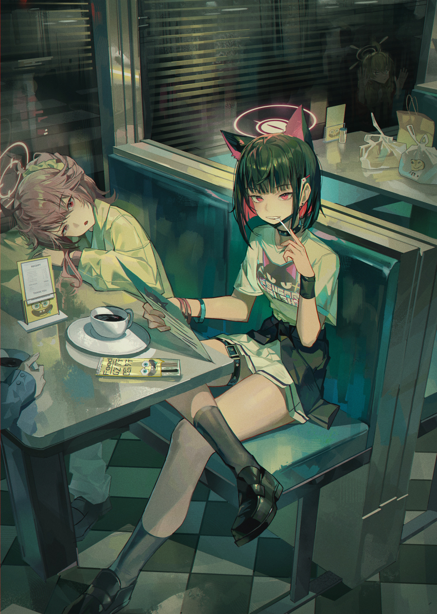 4girls :o absurdres airi_(band)_(blue_archive) airi_(blue_archive) animal_ears animal_print black_choker black_footwear black_hair black_jacket black_socks blonde_hair blue_archive blue_jacket cat_ears cat_girl cat_print choker chromatic_aberration clothes_around_waist coffee coffee_mug colored_inner_animal_ears colored_inner_hair crossed_legs cup dawder fork green_hairband hair_between_eyes hairband hands_on_table head_on_table highres holding holding_cup holding_fork holding_paper jacket jacket_around_waist kazusa_(band)_(blue_archive) kazusa_(blue_archive) long_hair looking_at_viewer medium_hair mug multicolored_hair multiple_girls natsu_(band)_(blue_archive) natsu_(blue_archive) open_mouth paper pink_hair raised_eyebrows red_eyes red_jacket red_ribbon ribbon shirt sidelocks skirt socks twintails white_shirt white_skirt wristband yellow_jacket yoshimi_(band)_(blue_archive) yoshimi_(blue_archive) |_|