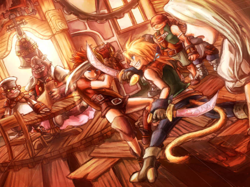 00s 1girl 5boys artist_request bad_id bad_tumblr_id baku_(ff9) blank_(ff9) cinna_(ff9) dual_wielding final_fantasy final_fantasy_ix grin holding marcus_(ff9) multiple_boys ruby_(ff9) smile square_enix sword weapon zidane_tribal zinedine_zidane