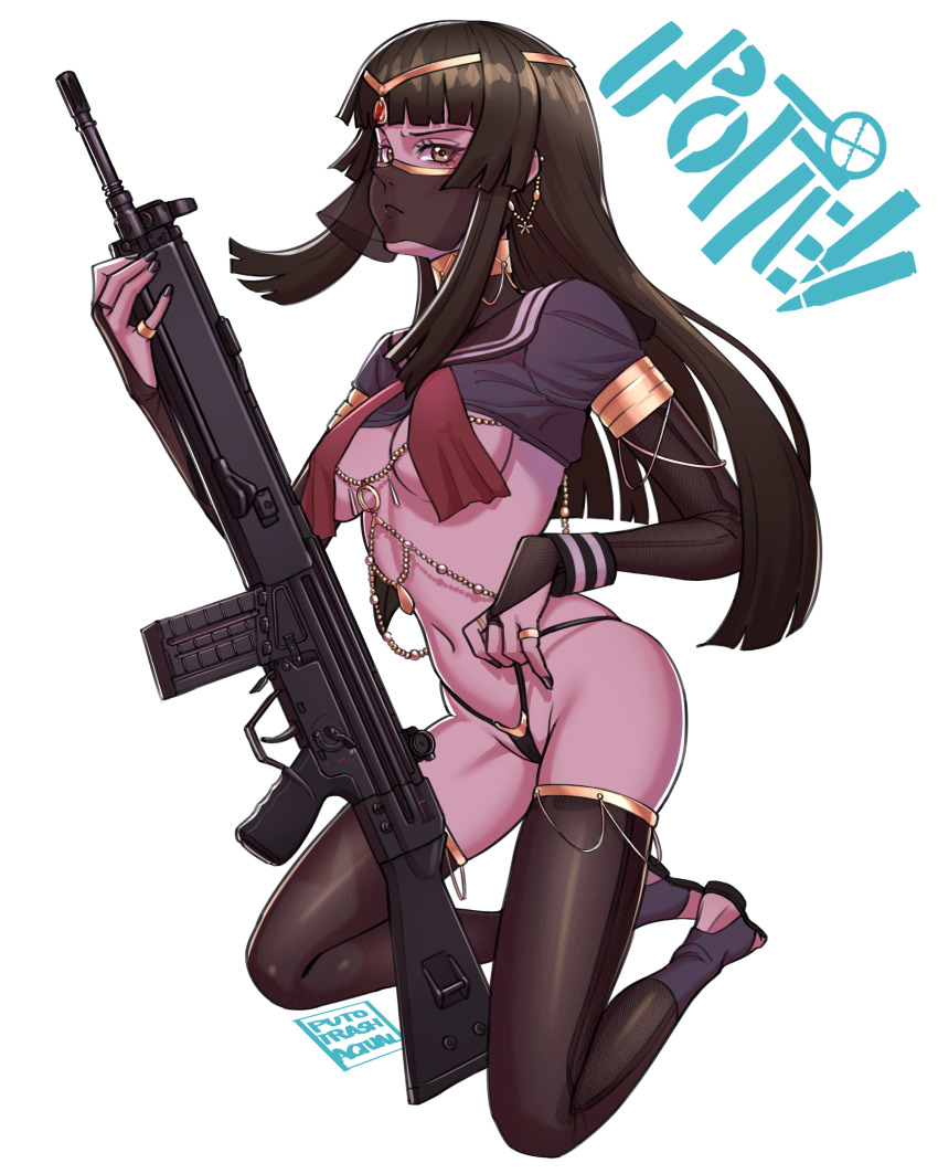 1girl absurdres arabian_clothes armlet artist_name battle_rifle bedlah black_hair black_nails black_pantyhose black_serafuku blunt_bangs chain circlet copyright_name cropped_shirt dancer g3a3_(upotte!!) gold_chain gold_circlet gun h&amp;k_g3 highres holding holding_gun holding_weapon jewelry kneeling long_hair midriff mouth_veil navel pantyhose puto_trash revealing_clothes rifle school_uniform serafuku solo thighhighs upotte!! veil weapon white_background