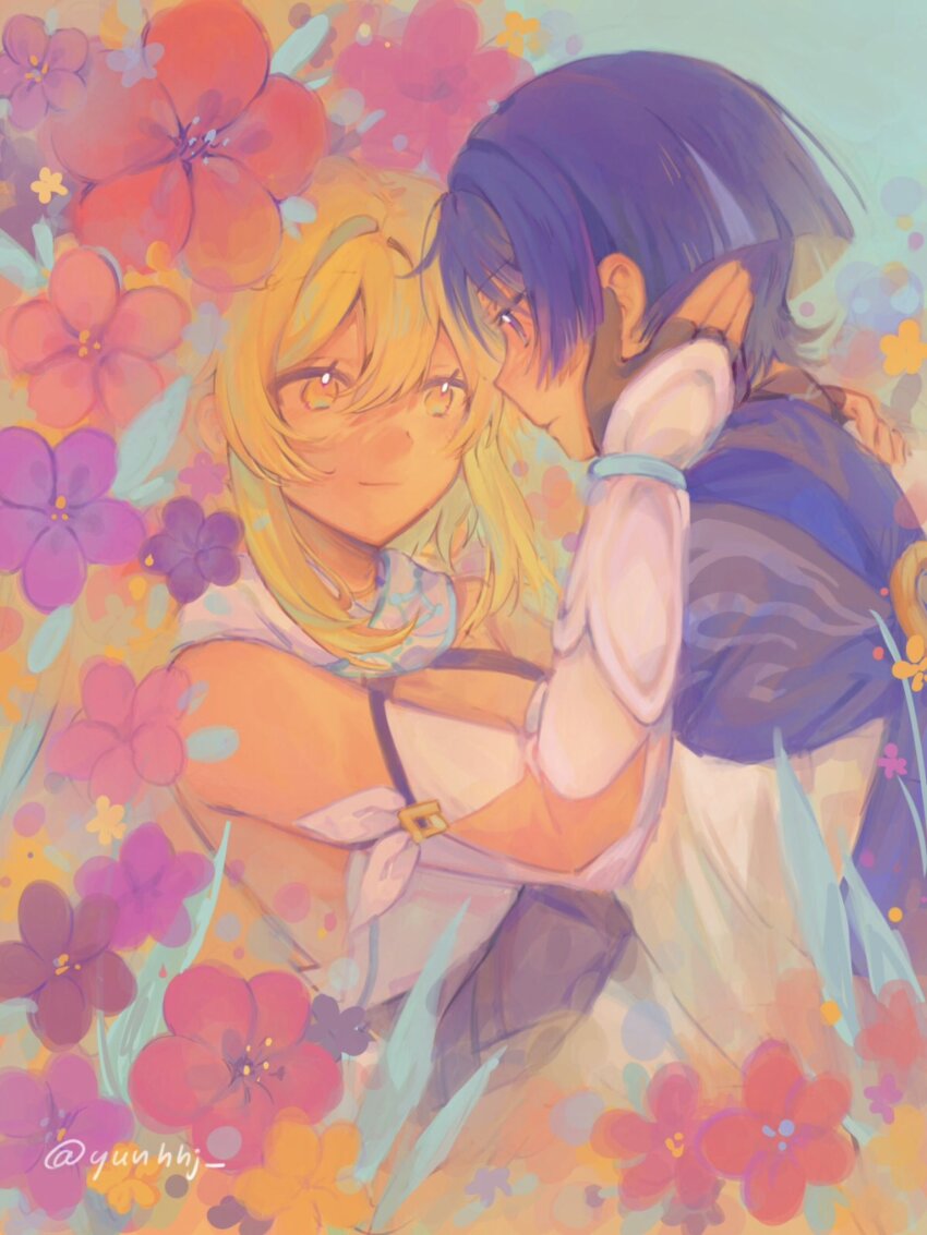 1boy 1girl arm_cutout armor armpit_crease black_bridal_gauntlets black_gloves blonde_hair blue_cape blue_sky blue_trim blunt_ends breasts bridal_gauntlets cape cleavage closed_mouth couple detached_sleeves double-parted_bangs dress eye_contact field flower flower_field furisode genshin_impact gloves hair_between_eyes hair_intakes halterneck hand_on_another&#039;s_face hetero highres japanese_armor japanese_clothes kimono kote kurokote limited_palette looking_at_another lumine_(genshin_impact) outdoors partially_fingerless_gloves purple_eyes purple_flower purple_hair red_flower scaramouche_(genshin_impact) scarf short_hair short_hair_with_long_locks sidelocks sky smile twitter_username vambraces wanderer_(genshin_impact) watercolor_effect white_dress white_kimono white_scarf white_sleeves yellow_eyes yunhhj