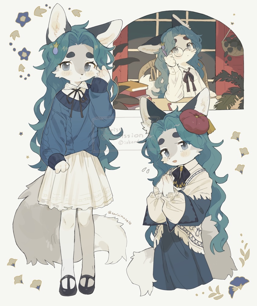 3girls black_fur black_shoes blue_hair blue_sweater blush book borrowed_character bow commission dress forehead furry furry_female glasses gomafuto grey_eyes grey_fur hair_ornament hairclip hand_in_own_hair hand_on_own_face highres long_hair multiple_girls open_mouth original petals plant pleated_skirt potted_plant round_eyewear shirt shoes skeb_commission skirt standing sweater thick_eyebrows two-tone_fur white_fur white_shirt white_skirt window