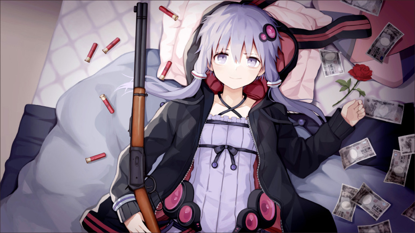 1girl animal_hood blanket bow bracelet cartridge closed_mouth collarbone criss-cross_halter dress female_focus flower from_above gun hair_bow hair_ornament halter_dress halterneck hood hood_up jacket jewelry kari_kenji long_sleeves looking_at_viewer lying money on_back on_bed open_clothes open_jacket pillow purple_dress purple_eyes purple_hair rabbit_hood red_flower red_rose rose short_hair_with_long_locks shotgun sidelocks smile solo unzipped upper_body vocaloid weapon weapon_request yuzuki_yukari zipper