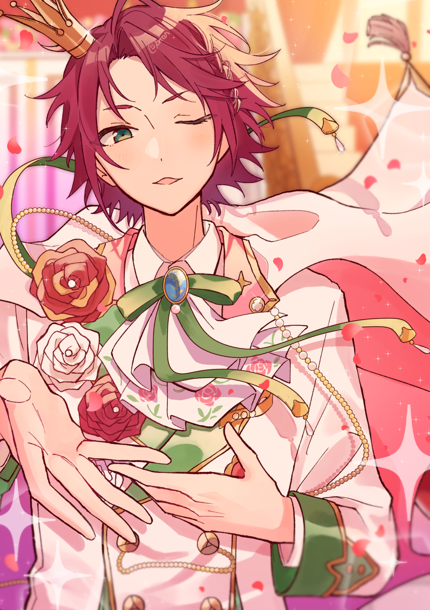 1boy absurdres blue_brooch blurry blurry_background cape crown ensemble_stars! falling_petals floating_cape flower green_eyes green_ribbon highres isara_mao jacket long_sleeves looking_at_viewer male_focus mini_crown official_alternate_costume one_eye_closed open_mouth outstretched_arm parted_bangs petals pink_petals red_flower red_hair red_rose ribbon rose short_hair solo white_cape white_flower white_jacket white_rose zu_tonatuyasumi