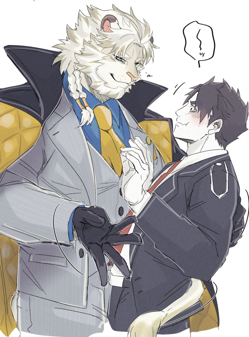 2boys absurdres animal_ears astosis_(live_a_hero) bara black_gloves black_vest blush braid brown_hair coat coat_on_shoulders flustered gloves grey_jacket grey_pants grey_vest hand_on_another&#039;s_back high_collar highres izm_(izm_rm7) jacket lapels lion_boy lion_ears lion_mane lion_tail live_a_hero looking_at_another male_focus male_protagonist_(live_a_hero) multiple_boys muscular muscular_male necktie orange_necktie pants red_necktie short_hair signature smile tail thick_eyebrows upper_body vest wavy_mouth white_background white_fur white_hair yaoi