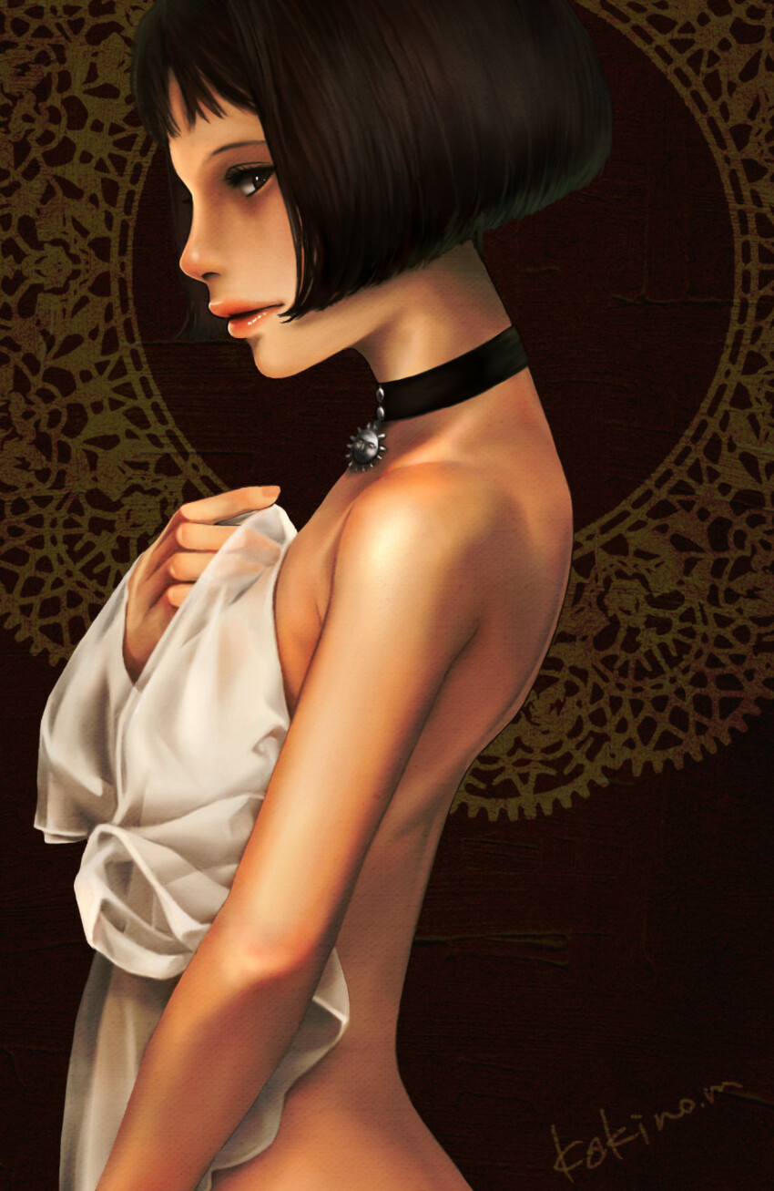 1girl artist_name back black_choker choker highres kakino-mai leon_the_professional lips mathilda_lando natalie_portman nude signature solo