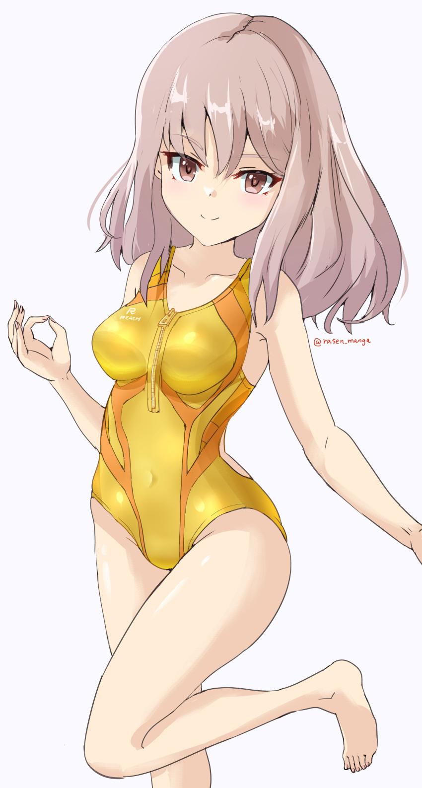 1girl absurdres alice_gear_aegis barefoot breasts gold_one-piece_swimsuit highres long_hair one-piece_swimsuit pink_eyes pink_hair rasen_manga swimsuit yotsuya_yumi zipper
