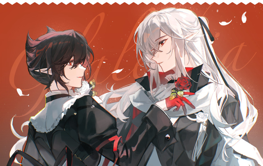 2girls arknights black_hair chinese_commentary chromatic_aberration commentary_request entelechia_(arknights) eye_contact flower gladiia_(arknights) gloves half_gloves highres holding holding_flower light_particles long_sleeves looking_at_another multiple_girls pointy_ears profile red_background red_eyes red_flower red_gloves red_rose rose short_hair tongxi65938_(mo_zuoren) white_flower white_hair white_rose yuri