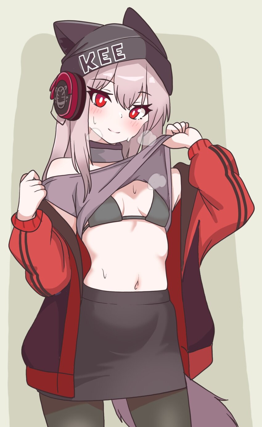 1girl alt_text animal_ears arknights bare_shoulders behind-the-head_headphones black_bra black_hat black_pantyhose black_skirt blush bra breasts breath bright_pupils clothes_lift clothes_writing commentary_request cowboy_shot eggplant7217 frostleaf_(arknights) grey_background grey_hair grey_shirt hat headphones highres hot jacket lifting_own_clothes long_sleeves medium_hair miniskirt navel off_shoulder pantyhose pencil_skirt red_eyes red_jacket shirt shirt_lift skirt small_breasts solo standing tail underwear white_pupils