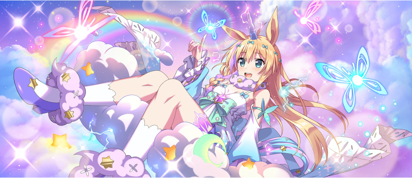 1girl :d ahoge animal_ears ankle_cuffs aqua_bow arm_strap arm_support armpit_crease bare_shoulders bell_sleeves blonde_hair blue_bow blue_butterfly blue_clouds blue_dress blue_eyes blue_sleeves bow braid breasts brooch bug butterfly choker cleavage cloud cloudy_sky detached_sleeves dress dress_bow electricity fairy fur_choker game_cg glowing_butterfly gradient_sleeves hair_bow hand_up high_heels highres horns horse_ears index_finger_raised insect iris_(konosuba) jewelry kemonomimi_mode kneehighs knees_together_feet_apart kono_subarashii_sekai_ni_shukufuku_wo! konosuba!_fantastic_days layered_sleeves leg_tattoo long_hair looking_at_creature multicolored_hair multiple_hair_bows official_alternate_costume official_alternate_hair_color official_art on_cloud open_mouth pink_butterfly pink_choker pink_clouds pink_streaks purple_brooch purple_footwear rainbow side_braid single_horn sitting sky sleeveless sleeveless_dress small_breasts smile socks solo spaghetti_strap star_(sky) star_(symbol) star_brooch starry_sky streaked_hair sundress tattoo teeth two-tone_dress two-tone_hair two-tone_sleeves unicorn_girl upper_teeth_only white_dress white_sleeves white_socks