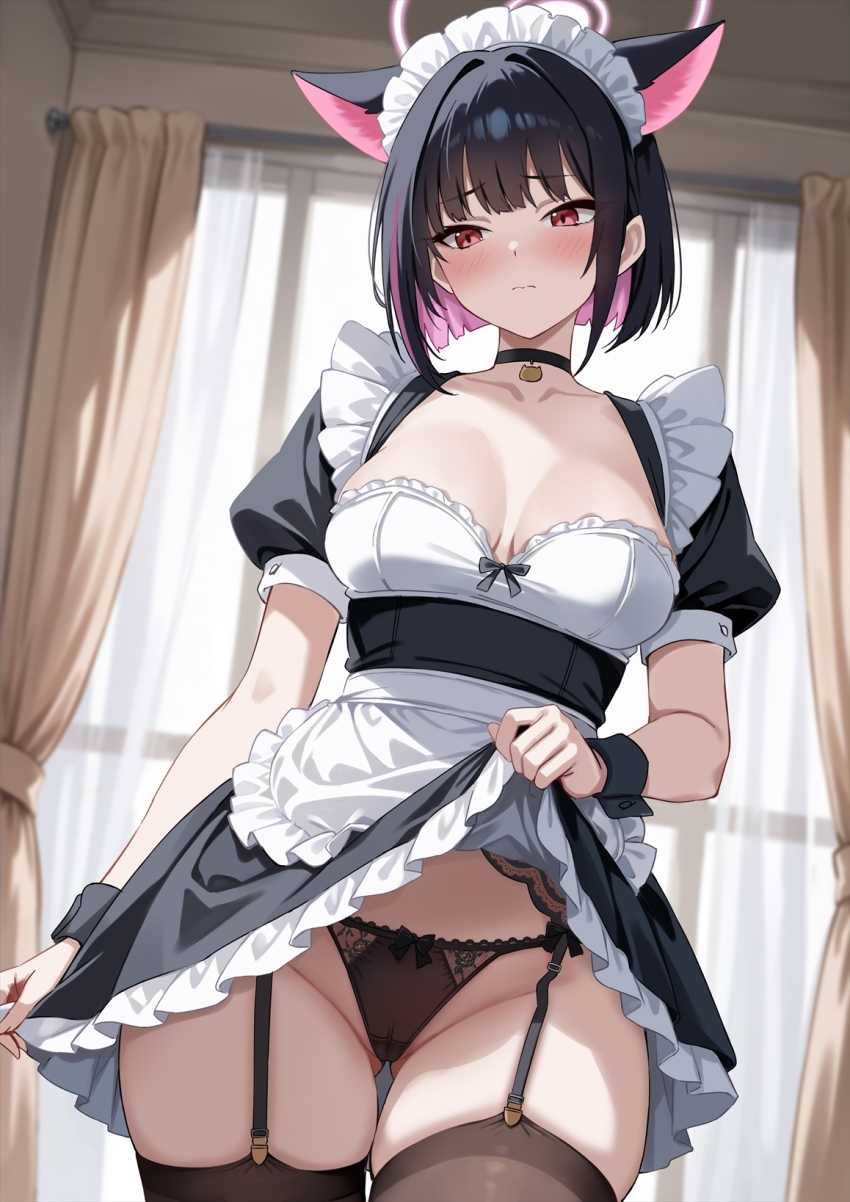 1girl alternate_costume animal_ears apron averting_eyes black_choker black_dress black_garter_straps black_hair black_panties black_thighhighs black_wrist_cuffs blue_archive blush border bow bow_panties breasts breasts_apart cat_ears choker closed_mouth clothes_lift collarbone colored_inner_hair dress embarrassed enmaided frilled_apron frilled_hairband frills garter_straps gluteal_fold grey_border hairband halo highres kazusa_(blue_archive) large_breasts maid marisasu_(marisa0904) medium_hair multicolored_hair panties pink_hair pink_halo puffy_short_sleeves puffy_sleeves red_eyes short_sleeves skindentation skirt skirt_lift solo thighhighs underwear waist_apron wavy_mouth white_apron white_hairband wrist_cuffs