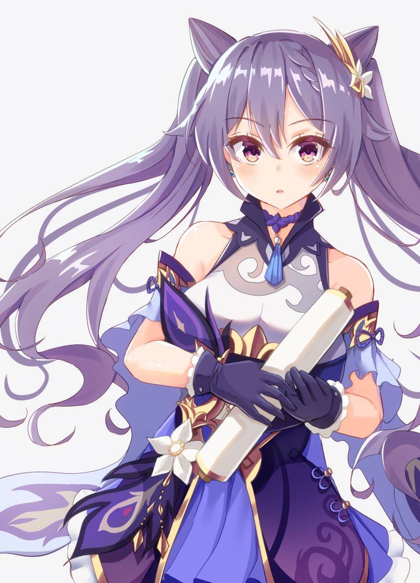 1girl absurdres bare_shoulders blue_sleeves blush commentary_request cone_hair_bun detached_sleeves flower genshin_impact gloves grey_background hair_between_eyes hair_bun hair_ornament highres holmemee keqing_(genshin_impact) long_hair looking_at_viewer parted_lips pleated_skirt purple_gloves purple_hair purple_skirt red_eyes shirt short_sleeves sidelocks simple_background skirt sleeveless sleeveless_shirt solo twintails very_long_hair white_flower white_shirt wide_sleeves
