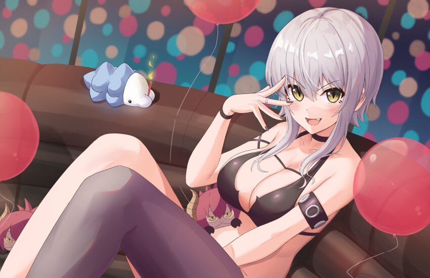1girl asymmetrical_legwear balloon black_bra black_choker black_nails blush bokuboyarts bra breasts choker cleavage fang gen_8_pokemon grey_hair highres jewelry large_breasts nail_polish nintendo open_mouth pantyhose pokemon pokemon_(creature) purple_pantyhose ring short_hair sidelocks single_leg_pantyhose slit_pupils smile snom solo underwear virtual_youtuber vshojo yellow_eyes zentreya zentreya_(cyborg) zentreya_(dragon)