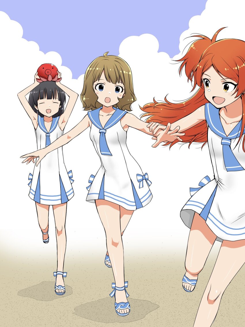 3girls ahoge armpits arms_up beach black_hair blue_eyes blue_sailor_collar blue_sky blunt_bangs blush breasts brown_hair closed_eyes cloud cloudy_sky collarbone dot_nose eyelashes full_body highres holding_another&#039;s_wrist idolmaster idolmaster_million_live! idolmaster_million_live!_theater_days matcha_kingyo multiple_girls nakatani_iku object_on_head octopus ogami_tamaki one-piece_swimsuit open_mouth orange_hair outstretched_arms parted_bangs ribbon running sailor_collar sailor_one-piece_swimsuit sailor_swimsuit_(idolmaster) sandals short_hair side_ponytail sidelocks sky small_breasts spread_arms suou_momoko swimsuit wavy_hair yellow_eyes