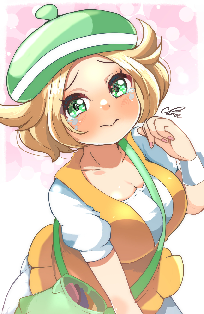 1girl 3: absurdres artist_name bag beret between_breasts bianca_(pokemon) blonde_hair blush breasts carrot_summer cleavage closed_mouth collarbone crying crying_with_eyes_open fingernails furrowed_brow game_freak green_bag green_eyes green_hat hair_flaps hand_up hat highres large_breasts nintendo orange_vest pokemon pokemon_bw puffy_short_sleeves puffy_sleeves shirt short_hair short_sleeves skirt solo strap_between_breasts tears vest white_shirt white_skirt