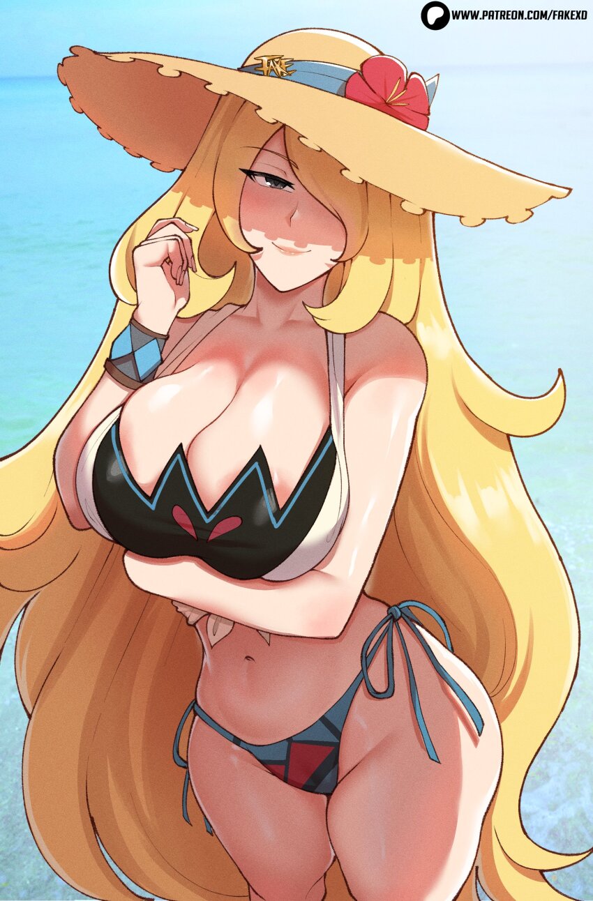 1girl absurdres arm_under_breasts bare_shoulders bikini blonde_hair breasts brown_hat cleavage closed_mouth commentary cowboy_shot cynthia_(pokemon) cynthia_(summer_2025)_(pokemon) english_commentary fake_(lord_socar) flower hair_over_one_eye hand_up hat hat_flower highres large_breasts long_hair looking_at_viewer navel nintendo one_eye_covered patreon_username pokemon pokemon_masters_ex red_flower side-tie_bikini_bottom smile solo straw_hat swimsuit very_long_hair watermark web_address