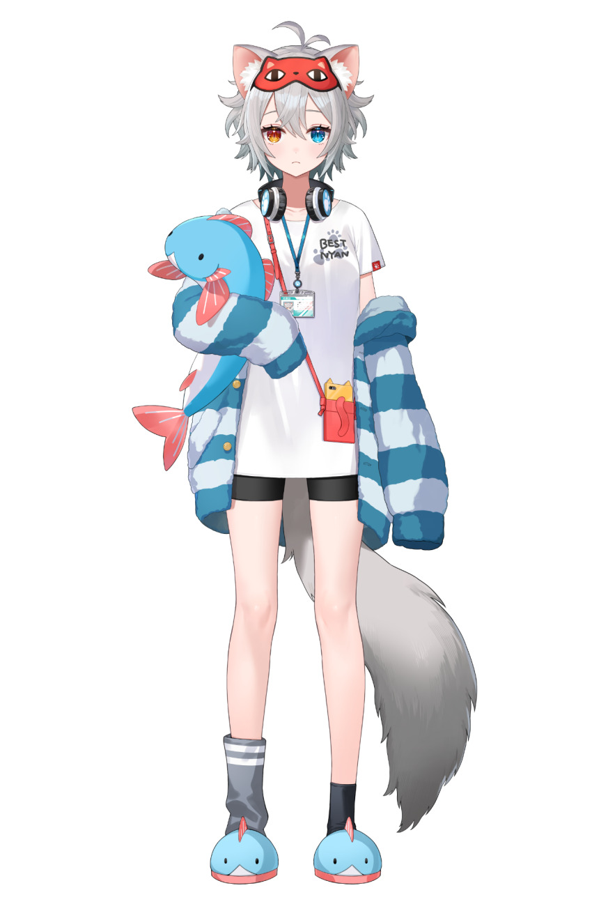 1girl animal_ear_fluff animal_ears antenna_hair asymmetrical_legwear black_shorts black_socks blue_eyes blue_jacket blue_shoes blush breasts cat_ears cat_girl cat_tail cellphone closed_mouth frown full_body grey_hair hair_between_eyes headphones headphones_around_neck heterochromia highres holding holding_stuffed_toy id_card jacket lanyard looking_at_viewer madoromi_ichino mismatched_legwear multicolored_jacket nima_(niru54) official_art open_clothes open_jacket orange_eyes phone print_shirt red_bag shirt shoes short_hair shorts simple_background sleep_mask slippers slit_pupils smartphone socks solo standing stuffed_toy t-shirt tachi-e tail transparent_background two-tone_jacket vebop_project virtual_youtuber white_shirt