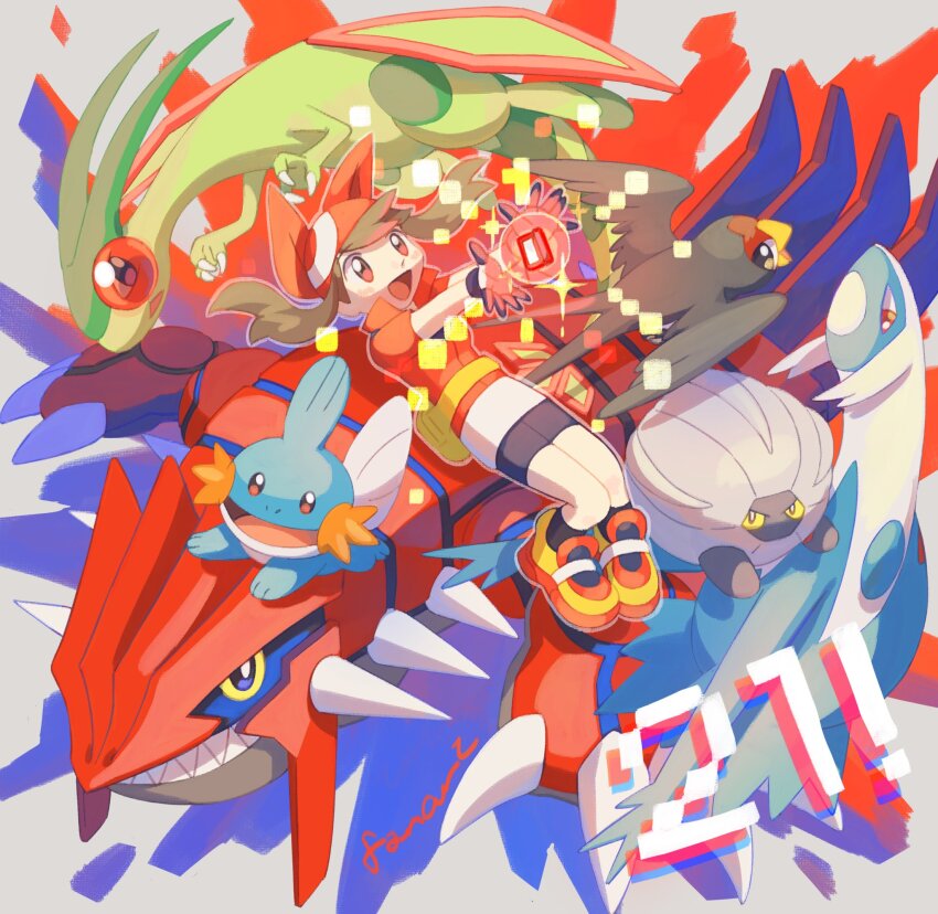 1girl :d bike_shorts_under_skirt black_socks brown_eyes brown_hair collared_shirt commentary_request fanny_pack flygon gen_3_pokemon gloves groudon highres latios legendary_pokemon may_(pokemon) mudkip nintendo open_mouth pokemon pokemon_(creature) pokemon_rse popped_collar shelgon shirt shoes short_sleeves skirt smile socks taillow tongue torinoko_(miiko_draw) white_skirt yellow_bag yellow_shoes