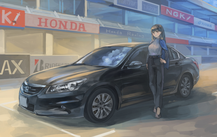 1girl black_hair breasts hand_on_own_hip highres honda honda_accord jacket jacket_on_shoulders large_breasts long_hair looking_to_the_side momo_hiki original personification red_eyes ribbed_sweater sweater vehicle_and_personification vehicle_focus