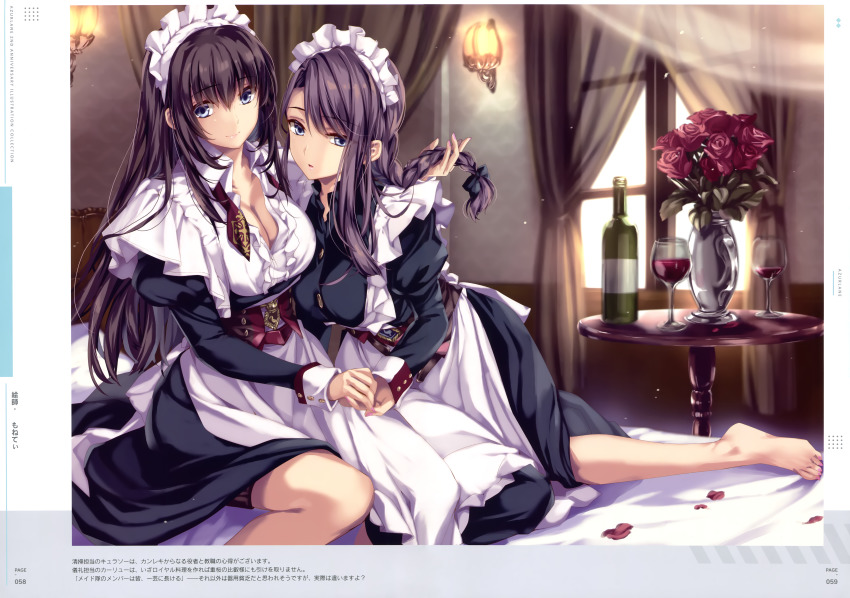 2girls absurdres azur_lane blue_eyes blush bottle bow braid breasts cleavage corset cup curacoa_(azur_lane) curlew_(azur_lane) curlew_(retrofit)_(azur_lane) curtains day dress drinking_glass flower frills hair_between_eyes hair_bow highres holding holding_own_hair huge_filesize indoors jewelry juliet_sleeves large_breasts light long_hair long_sleeves maid maid_headdress monety multiple_girls official_art open_mouth puffy_sleeves purple_hair red_flower red_rose rose scan sidelocks single_braid sleeve_cuffs smile vase window wine_glass