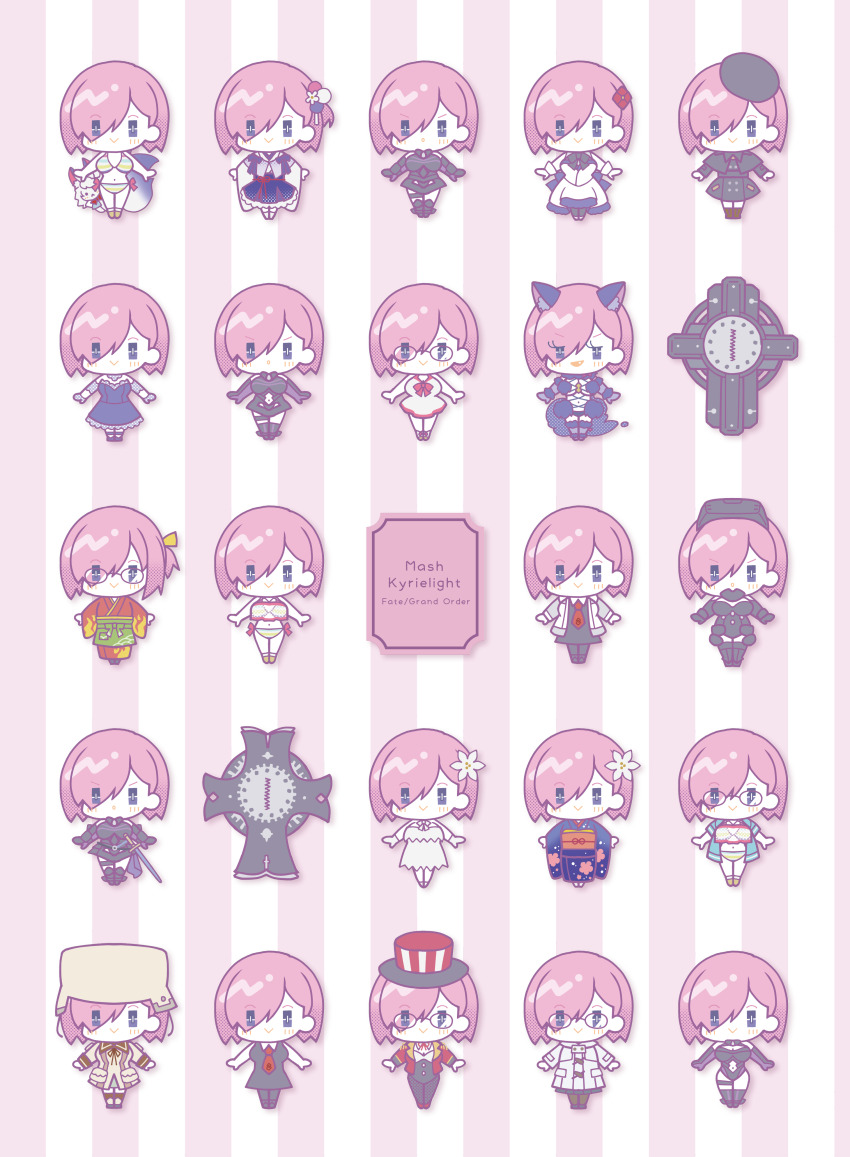 1girl absurdres animal animal_ear_fluff animal_ears armor armored_skirt beret bikini black_bow black_bowtie black_dress black_footwear black_gloves black_hat black_leotard black_pantyhose blue_dress blue_gloves blue_kimono bow bowtie breasts brown_hat brown_jacket character_name cherry_blossom_print chibi chibi_only clothing_cutout cocktail_glass copyright_name costume_request cup detached_collar dress dress_swimsuit drinking_glass elbow_gloves fang fate/grand_order fate_(series) flame_print floral_print floral_print_kimono flower fou_(fate) frilled_dress frills full_body fur_collar fur_trim glasses gloves goo-yan_(ogura_tomomi) green_hakama hair_flower hair_ornament hakama hat head-mounted_display highres horizontal-striped_bikini jacket japanese_clothes kimono leotard looking_at_viewer lord_camelot_(fate) mash_kyrielight mash_kyrielight_(chaldea_dinnertime) mash_kyrielight_(dangerous_beast) mash_kyrielight_(demi-servant) mash_kyrielight_(dream_portrait) mash_kyrielight_(enma-tei_uniform) mash_kyrielight_(formal_dress) mash_kyrielight_(grand_new_year) mash_kyrielight_(lostroom_outfit) mash_kyrielight_(ortenaus) mash_kyrielight_(sign_of_smiling_face) mash_kyrielight_(swimsuit_of_perpetual_summer) mash_kyrielight_(swimsuit_of_perpetual_summer_ver.02) mash_kyrielight_(traveling_outfit) mash_kyrielight_(under_the_same_sky) mash_kyrielight_(welcome_to_the_traveling_circus!) multiple_views navel navel_cutout necktie obi official_alternate_costume open_clothes open_jacket orange_sash pantyhose pink_background pink_hair print_kimono purple_eyes purple_gloves purple_tail purple_thighhighs red_bow red_bowtie red_jacket red_kimono red_necktie revealing_clothes sash shield short_hair side-tie_bikini_bottom smile smug standing striped_background striped_clothes striped_headwear swimsuit sword tail thigh_strap thighhighs two-tone_background v-shaped_eyebrows weapon white_background white_dress white_jacket wide_sleeves wolf_ears wolf_tail