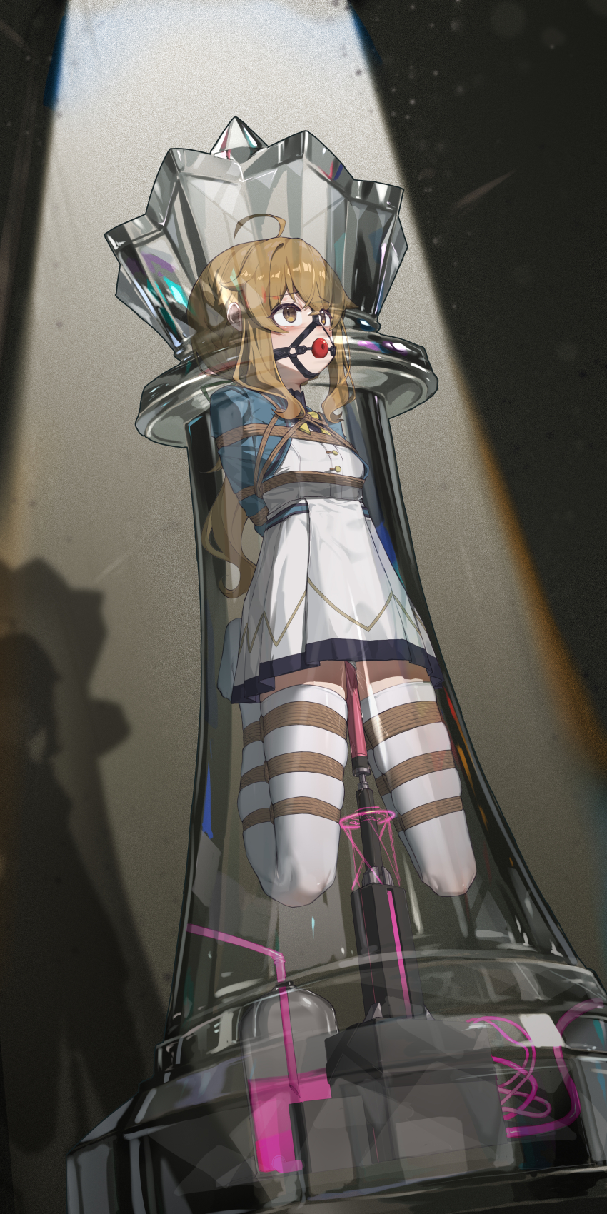 absurdres ahoge arms_behind_back ball_gag bdsm bondage bound breasts brown_eyes brown_hair dildo dress frogtie gag gag_harness gagged highres long_hair monica_everett object_insertion pussy_juice restrained sex_machine sex_toy shibari shibari_over_clothes silent_witch skindentation small_breasts thighhighs vaginal vaginal_object_insertion white_thighhighs xiongmao zettai_ryouiki