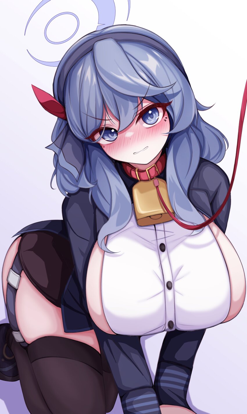 1girl absurdres ako_(blue_archive) black_thighhighs blue_archive blue_eyes blue_hair breasts garter_belt gbr20210907 highres large_breasts long_hair shirt solo thighhighs thighs white_shirt