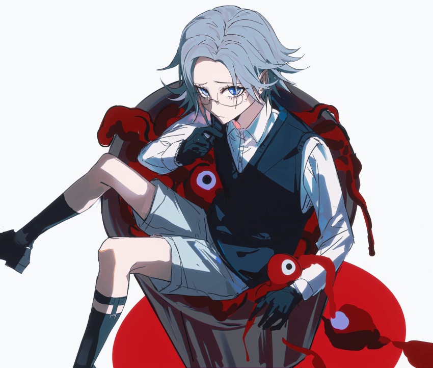 1boy absurdres aged_down aotsuki_eito binxngchng1 black_gloves black_shoes black_socks black_vest blood blue_eyes chinese_commentary commission eldritch_abomination flesh foot_out_of_frame glasses gloves grey_hair highres in_container in_trash_can long_sleeves looking_at_viewer male_focus monster shirt shoes short_hair shorts sitting skeb_commission socks solo the_hundred_line_-last_defense_academy- trash_can vest white_background white_shirt white_shorts