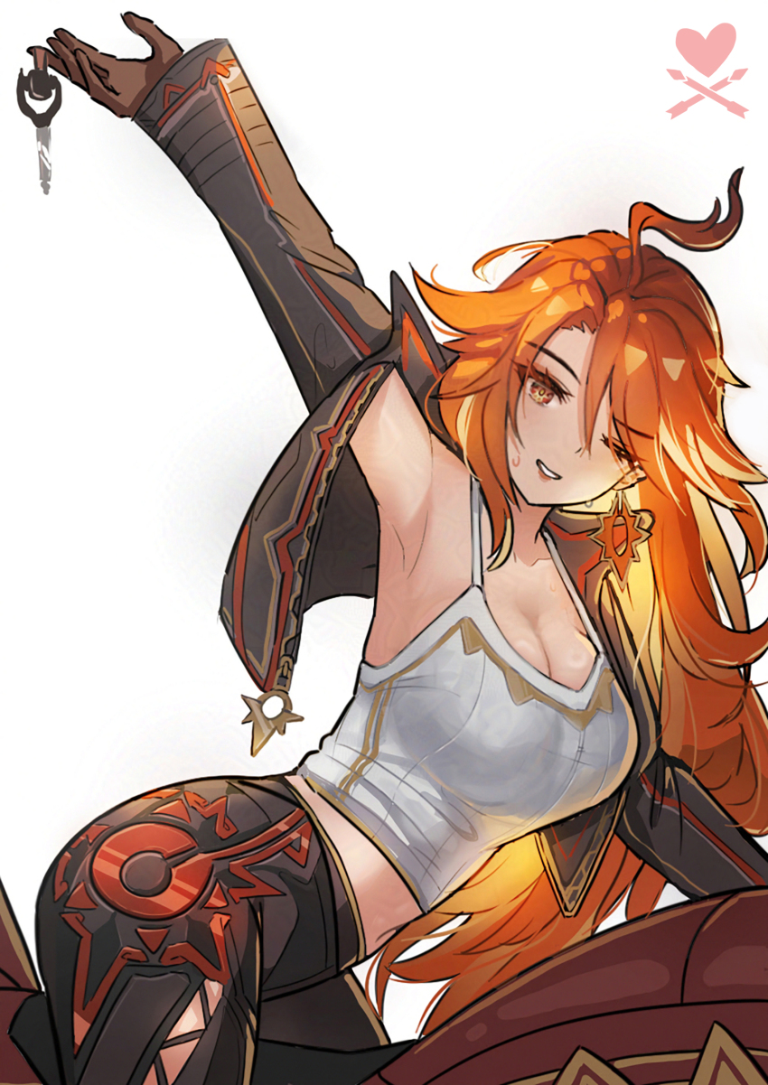 1girl absurdres alternate_costume arm_up breasts cleavage earrings flamestrider_(genshin_impact) genshin_impact highres jewelry key large_breasts long_hair looking_at_viewer mavuika_(genshin_impact) multicolored_hair orange_eyes orange_hair red_hair smile solo sweat valenthania very_long_hair