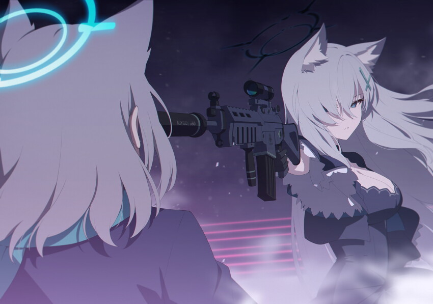 2girls abydos_high_school_logo animal_ear_fluff animal_ears aqua_halo aqua_scarf artist_request assault_rifle at_gunpoint black_dress black_halo blazer blue_archive blue_eyes breasts bright_pupils broken_halo cleavage cross_hair_ornament crossed_bangs dress dust extra_ears finger_on_trigger game_cg grey_hair gun hair_between_eyes hair_ornament hair_over_one_eye halo highres holding holding_gun holding_weapon indoors jacket large_breasts light_particles long_hair mismatched_pupils multiple_girls non-web_source official_art rifle scarf school_uniform scope shiroko_(blue_archive) shiroko_terror_(blue_archive) sidelocks sig_sauer sig_sauer_556 spoilers very_long_hair weapon white_pupils wolf_ears