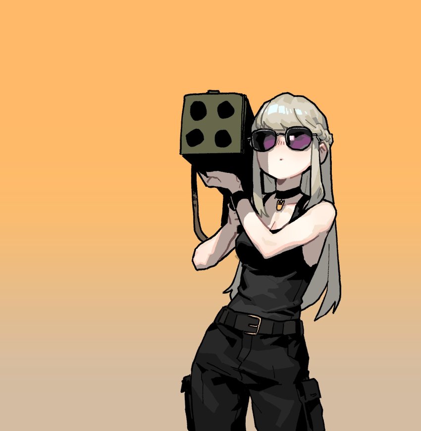 1girl aiming belt black_belt black_border black_choker black_shirt border braid breasts choker cleavage closed_mouth commando_(movie) commentary contrapposto cowboy_shot english_commentary french_braid gogalking gradient_background grey_hair highres junior_(gogalking) long_hair m202_flash multiple-barrel_gun multishot_rocket_launcher orange_background purple-tinted_eyewear rocket_launcher shirt sleeveless sleeveless_shirt solo standing sunglasses tinted_eyewear weapon wristband