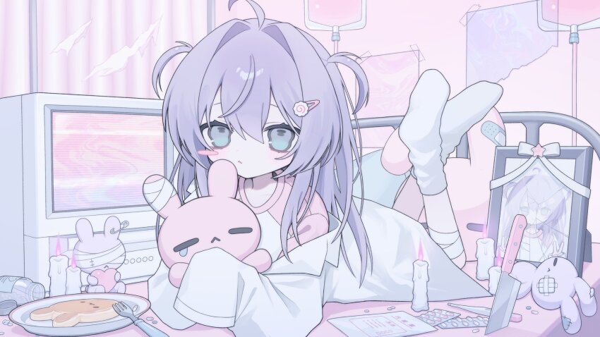 1girl ahoge bandaid bed blue_eyes blush_stickers bottle buttons candle closed_mouth coat crt curtains food fork hair_intakes hair_ornament hairclip heart highres hisame_mon hospital hospital_bed iei indoors iv_stand knife lab_coat light_blush long_coat long_hair looking_at_viewer lying nemuri-chan okusuri_nonde_neyou_(vocaloid) on_bed on_stomach open_clothes open_coat pancake paper pill pink_shirt plate portrait_(object) poster_(object) purple_hair ribbon shirt single_blush_sticker sleeves_past_fingers sleeves_past_wrists socks solo stuffed_animal stuffed_rabbit stuffed_toy television thermometer two_side_up vocaloid white_coat white_ribbon white_socks window