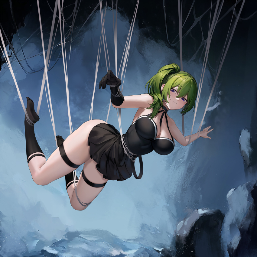1girl ankle_socks bare_shoulders black_dress black_socks breasts choker dress elbow_gloves full_body gloves green_hair highres kumachi_(aikawaakeya) long_hair medium_breasts pleated_skirt purple_eyes restrained side_ponytail silk single_elbow_glove skindentation skirt socks solo sousou_no_frieren spider_web suspension thigh_strap ubel_(sousou_no_frieren)