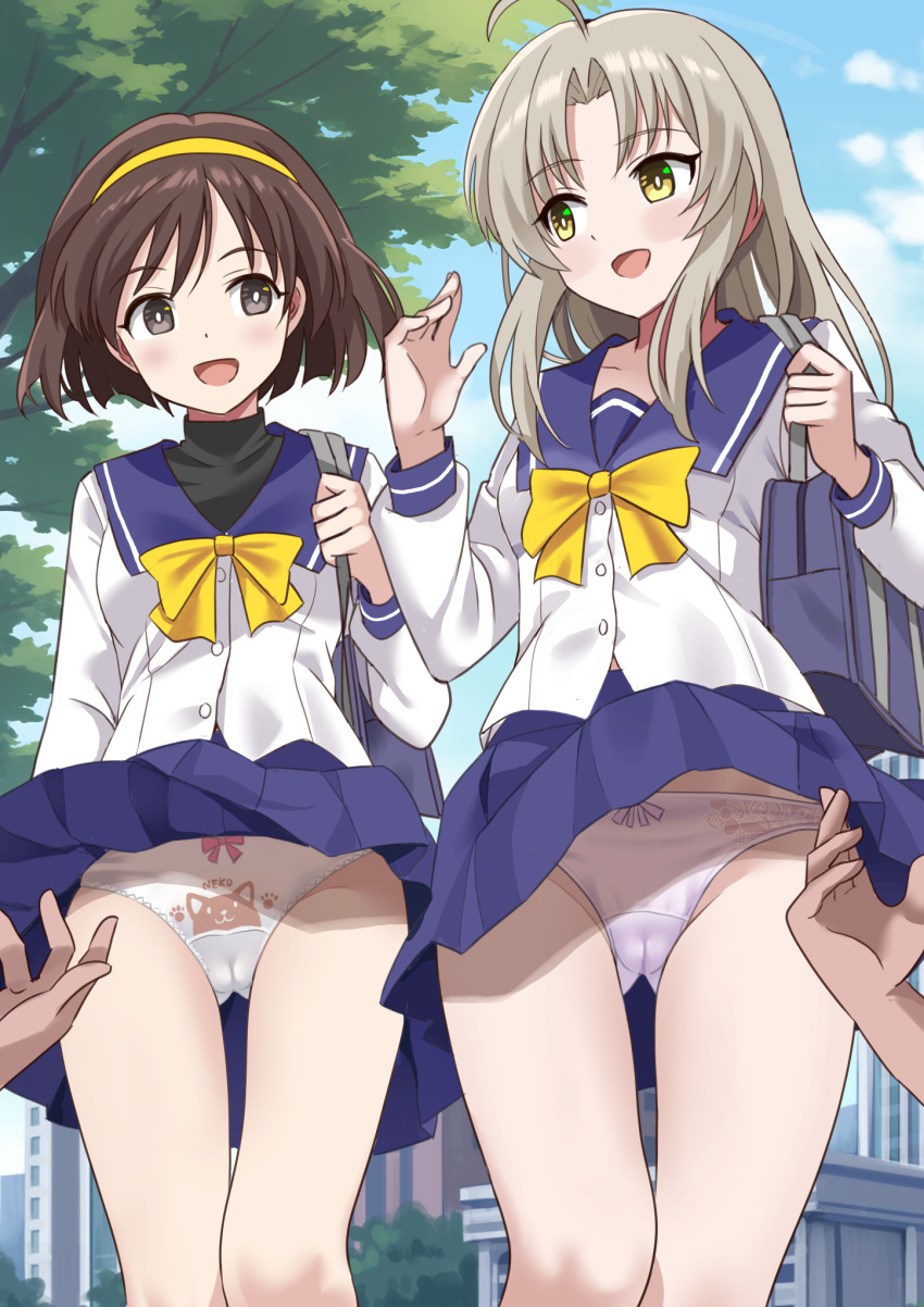 2girls ahoge bag blue_sailor_collar blue_skirt blue_sky brown_hair building cameltoe city clothes_lift cloud collarbone commentary_request day floral_print floral_print_panties grey_eyes hairband highres long_hair long_sleeves memories_off multiple_girls outdoors panties parted_bangs pleated_skirt print_panties sailor_collar school_bag school_uniform shimouki_izui shirt short_hair sidelocks skirt skirt_lift sky skyscraper smile tree underwear walking white_panties white_shirt yellow_eyes